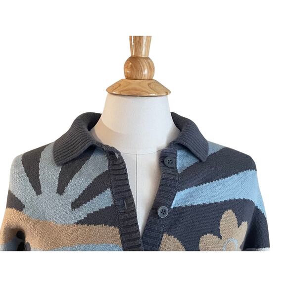 Hollister Cotton Blend Blue Cropped Cardigan, Mushrooms, Flowers, Size S - Picture 2 of 14